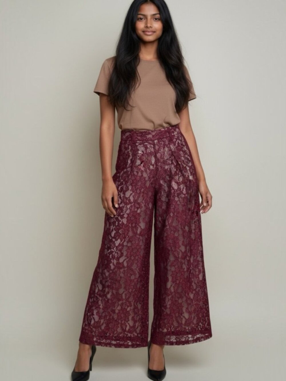Beulah Style Burgundy Lace Wide Leg Pants High Waisted Palazzo Lined Size S L